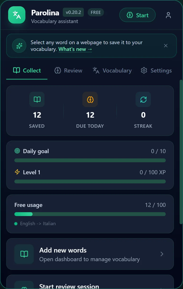 The Parolina popup showing saved words, items due today, streak, and daily goal